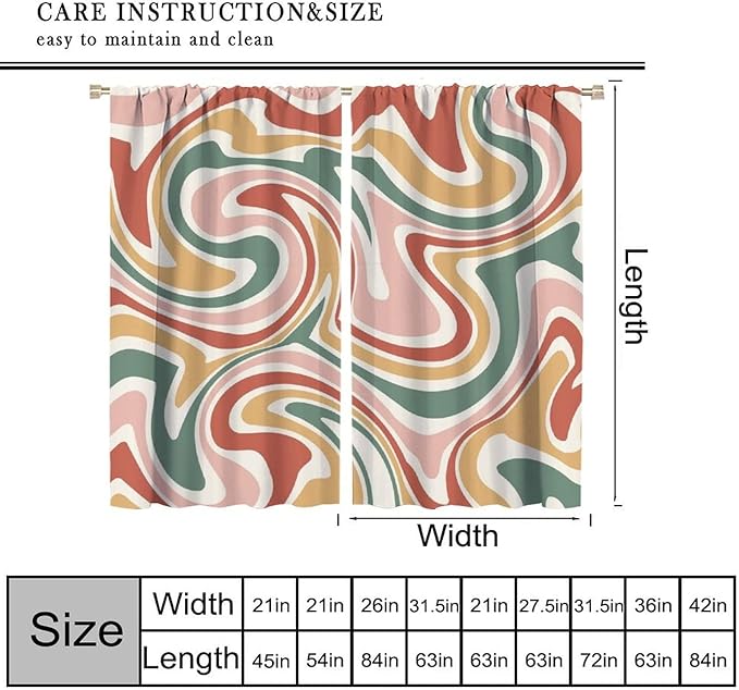 70S Abstract Wavy Swirl Curtain for Bedroom Windows,Retro Boho Minimal Teen Girls Kids Living Room Restroom Window Treatments Drapes 42"" W X 54"" L, Style-4
