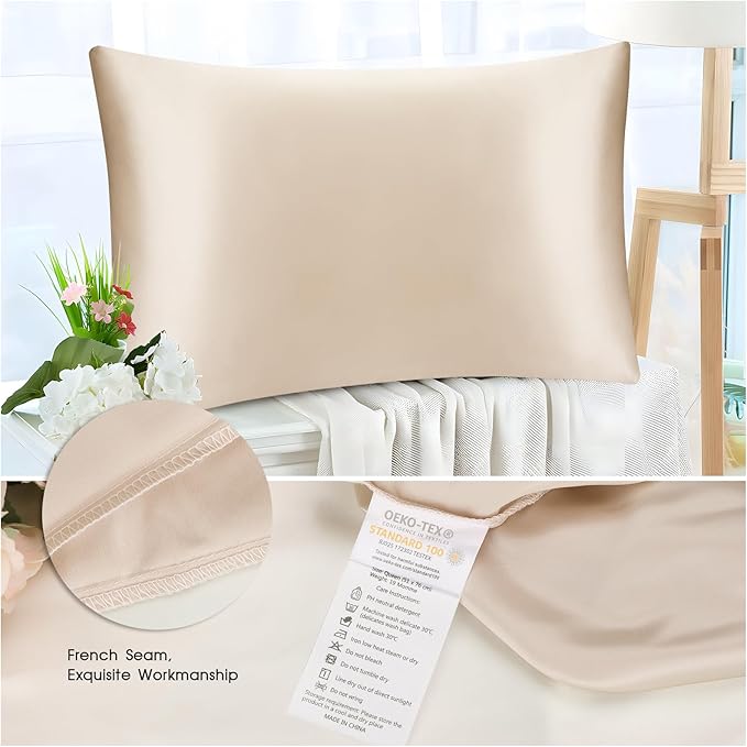 100% Mulberry Silk Pillowcase with Hidden Zipper,Both Sides Pure Silk Breathable Pillow Case for Hair and Skin,19 Momme Grade 6A,1pc,Beige,Queen Size 20x30 Inches