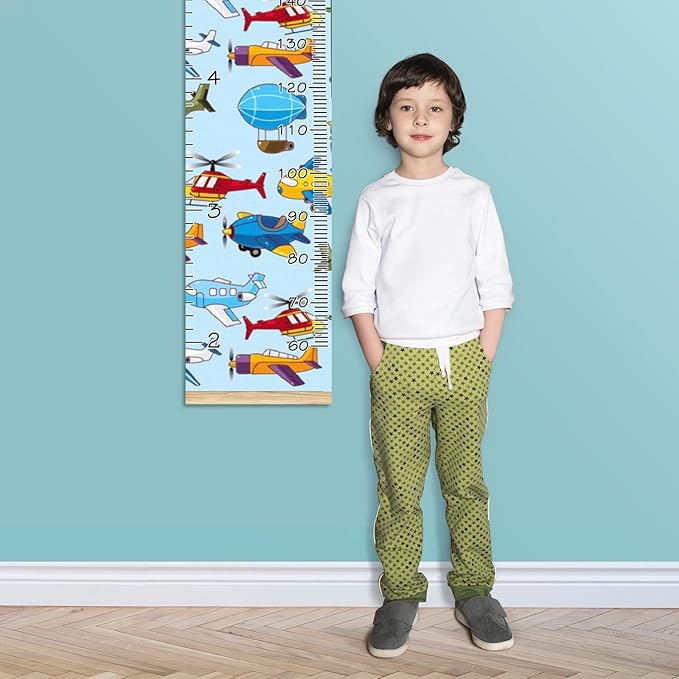 Personalized Kids Name Growth Chart Ruler for Wall Wood Frame Height Measure Chart 13.4x56 in Linen Hanging Height Growth Chart Cartoon Airplane Aircraft Kids Room Decor