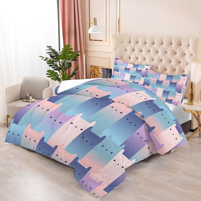 Cat Comforter Set Queen: Cute Gradient Cats Bedding Set for Women Tween Girls Adult Kawaii Kitten Quilts 3 Piece Pet Animal Print Bed Sets 1 Comforter & 2 Pillowcases