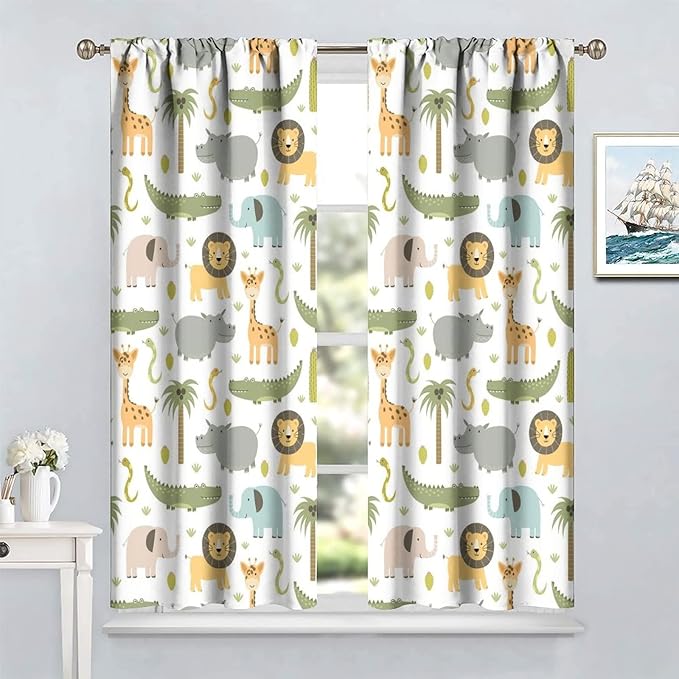 Nursery Safari Animals Window Curtains,Cartoon Woodland Jungle Forest Lion Elephant Giraffe Printed Pattern Blackout Drapes for Living Room Baby Boy Kids Bedroom 63x72in