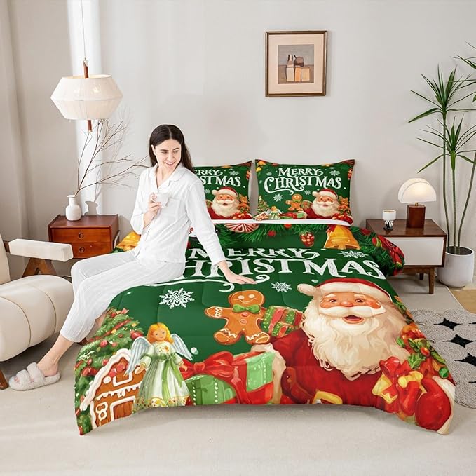 Feelyou Green Christmas Comforter Set All Season Santa Claus Bedding Set with 2 Pillow Cases Gingerbread Microfiber Kids Full Bedclothes Bedroom Decor Duvet Quilt Breathable Soft