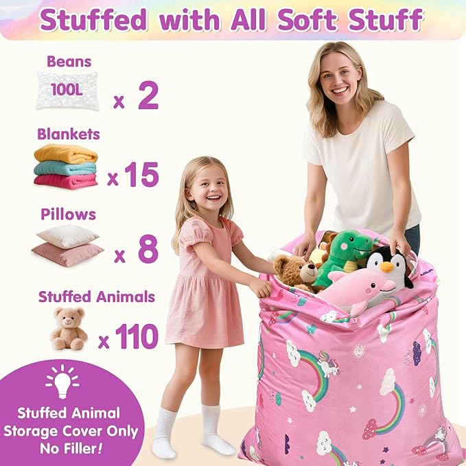 Jorbest Unicorns Stuffed Animal Storage Bean Bag Chair for Kids and Adults, Unicorns Rainbow Bean Bag Stuffed Animal Storage, Luxury Velvet Stuffie Seat - Cover ONLY (200 L/52 Gal, Rainbow)