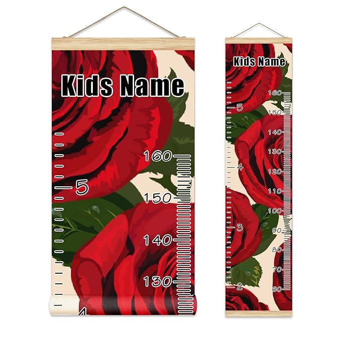 Personalized Kids Name Growth Chart Ruler for Wall Wood Frame Height Measure Chart 13.4x56 in Linen Hanging Height Growth Chart Vintage Red Rose Kids Room Decor