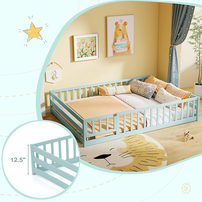 KOMFOTT Full Size Wood Floor Bed with Door & Fence, Montessori Bed Frame with Full Length Safety Guardrails, Door & Latch, Wooden Montessori Floor Bed for Kids, Girls, Boys (Full,Green)