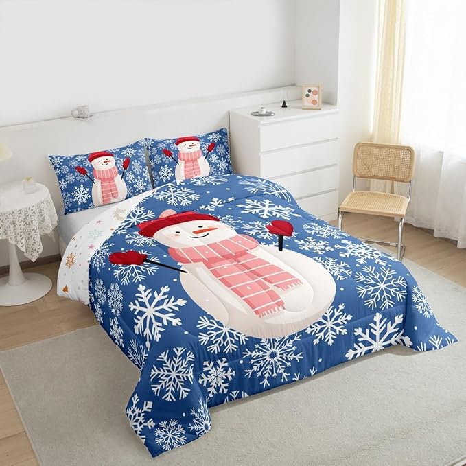 Feelyou Christmas Comforter Set Queen Size Snowman Blue Bedding Set for Kids Boys Girls Xmas Snowflakes Duvet Quilt Winter Snow Bedroom Decor Microfiber 3 Pcs with 2 Pillow Cases