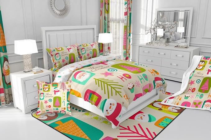 Erosebridal Xmas Decor Quilts Kids Santa Claus Christmas Tree Comforter Set Boys Girls Bedroom, Cartoon Snowflake Bedding Set Cute Snowman Down Comforter King Size