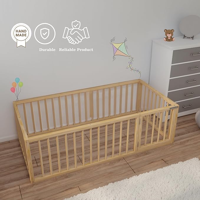 Montessori Floor Bed with Door On The Right Side for Toddler | Pine Wood Natural Solid Frame Beds | Sturdy Modern Design Floor Bed Frame for Boy and Girls (Twin, Height : 17 Inches)