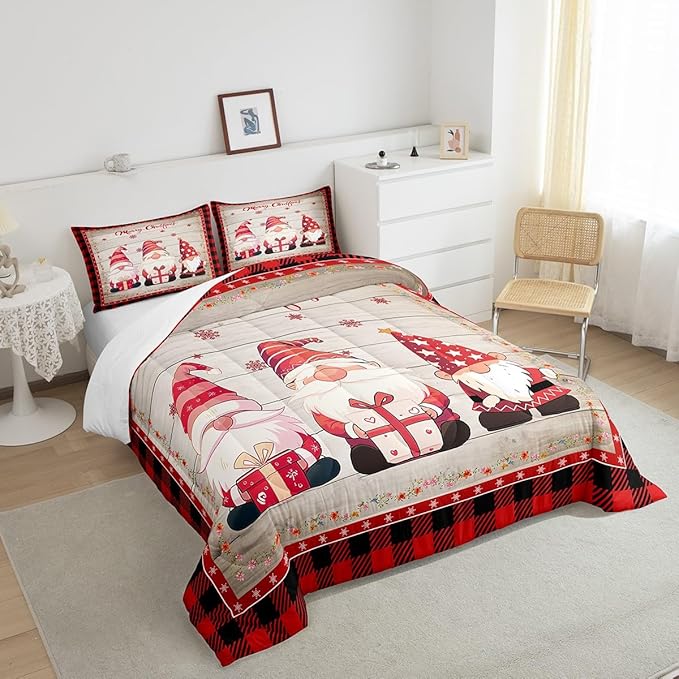 Manfei Christmas Gnomes Comforter Set King Size, Rustic Wooden and Red Plaid Xmas Down Comforter with 2 Pillowcases, New Year Theme Bedding Set 3pcs for Kids Boy Girls Lightweight Duvet Insert