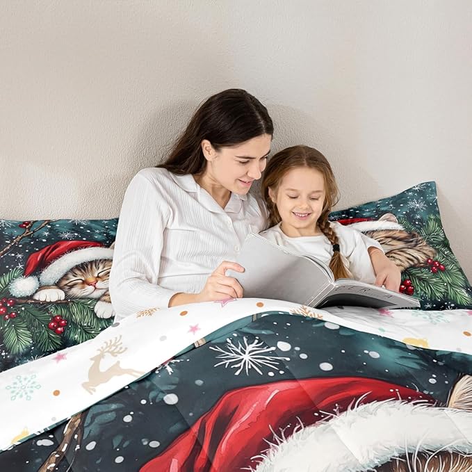 Cute Cat Kids Bedding Set Queen Size,Winter Holly Berries Snowflake Comforter Set,Animal Merry Christmas Poinsettia Quilt Comforter,Dark Green Bedroom Duvet Insert,2 Pillowcases