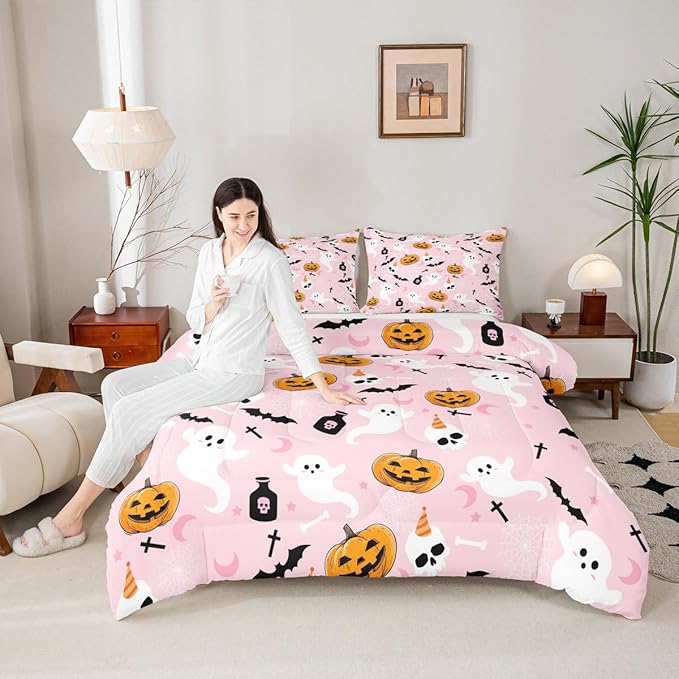 Erosebridal Pink Halloween Comforter Set Cute Ghost Bedding Set Twin Size,Spooky Pumpkin Bat Decor Quilt for Kids Boys Girls Adults Vintage Halloween Decorations Down Comforter