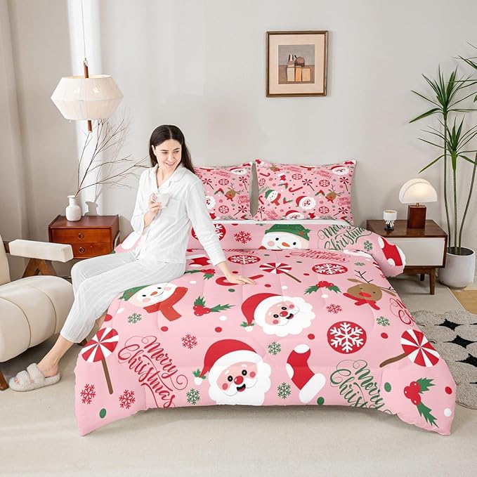 Feelyou Merry Christmas Kids Comforter Set Full Size Santa Claus Snowman Bedding Set Deer Berries Duvet Quilt for Kids Boys Girls Bedroom Snowflake Decor Microfiber Ultra Soft Breathable