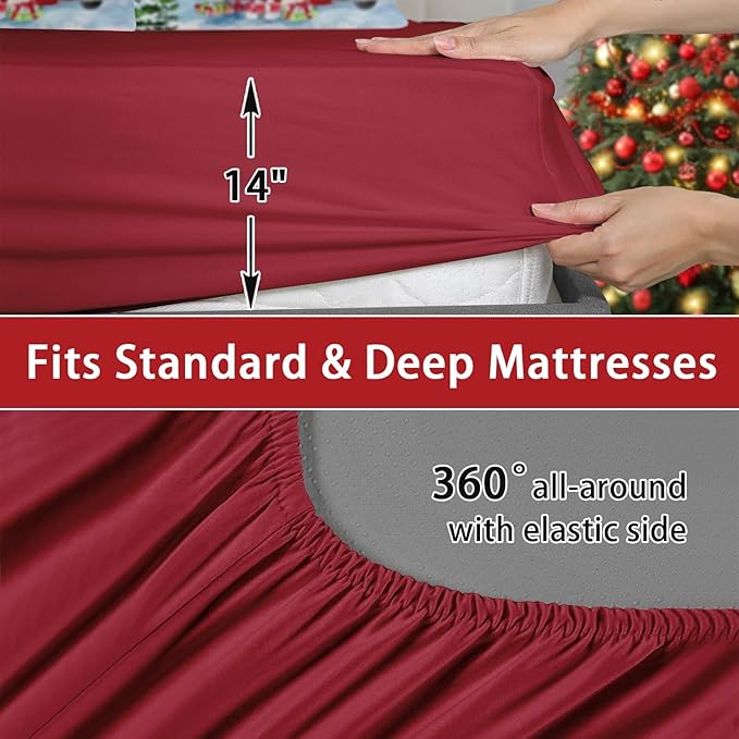 5 Pcs Twin Size Christmas Comforter Set with Pillowcase & Sham, Red Vintage Truck Snowman Bedding for Kids and Adults, Winter Snow Forest Elk Bed in a Bag with Flat Fitted Sheet