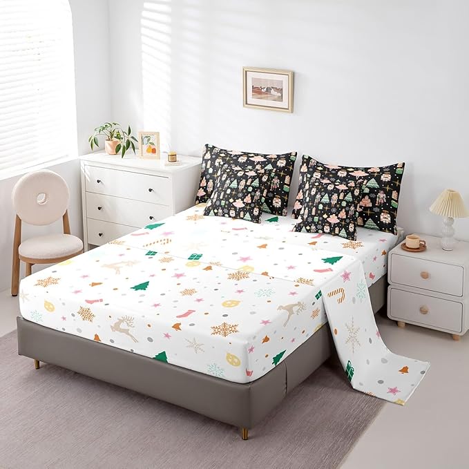 Erosebridal 7Pcs Black Christmas Comforter Set King Size,Nutcracker Bedding Set,Xmas Snowflake Stars Bed in A Bag,Romantic Princess Castle Quilt with Flat Fitted Sheet