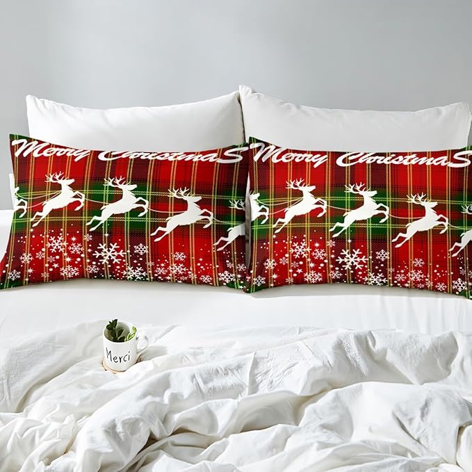 Manfei Christmas Duvet Cover Set Queen Size, White Deer and Snowflake Print Comforter Cover with 2 Pillowcases, Red Plaid Print Bedding Set 3pcs for Kids Boys Girls Bedroom Decor,No Comforter