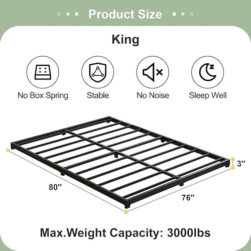 3 Inch Low King Bed Frame Heavy Duty Metal Platform, No Box Spring Needed, Easy Assembly Mattress Foundation, No Noise, Black