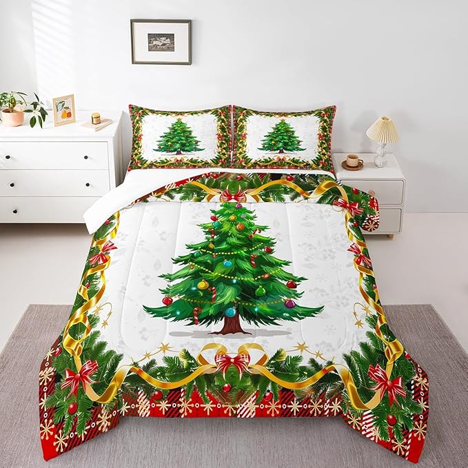 Christmas Tree Bedding Set Full Size,Merry Christmas Comforter Set for Kids Boys Girls Room Decor,Snowflake Bowknot Green Pine Leaves Duvet Insert 3Pcs,Xmas Plaid Patchwork Quilt Set,2 Pillowcases