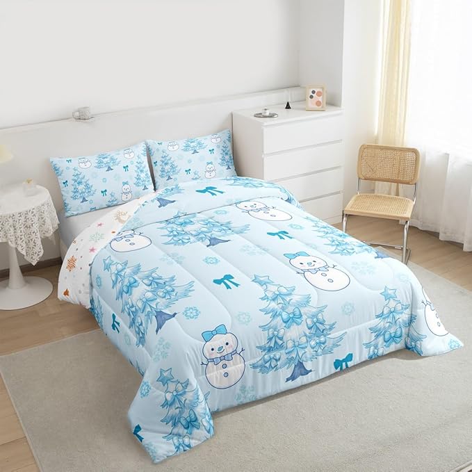 Feelyou Merry Christmas Comforter Set Queen Size Cute Snowman Bedding Set for Kids Boys Girls Cartoon Bowknot Duvet Quilt Christmas Tree Microfiber 3 Pcs with 2 Pillow Cases