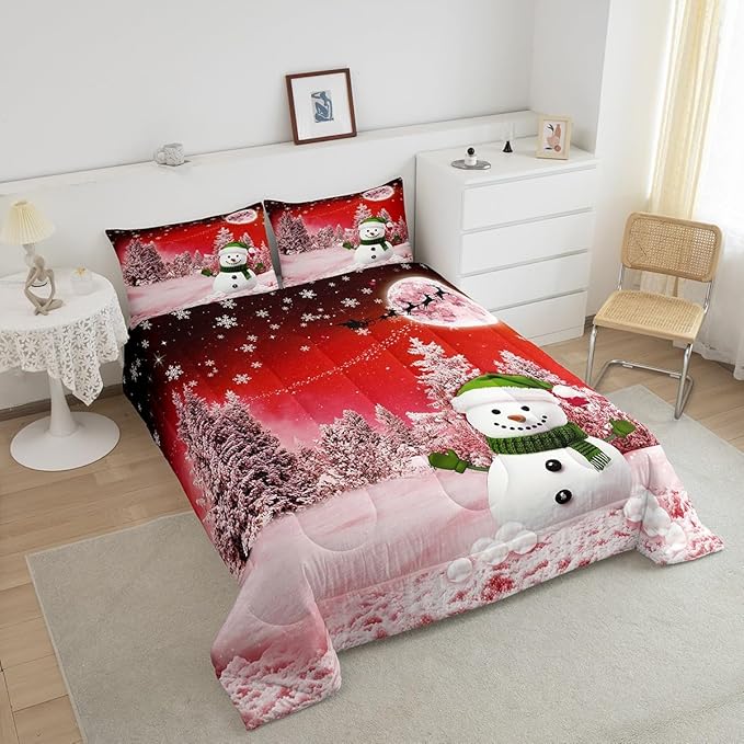 Feelyou Kids Merry Christmas Decorations Toddler Size Comforter Set Xmas Snowman Bedding Set Red Quilt Set Soft Warm Lightweight Duvet Set