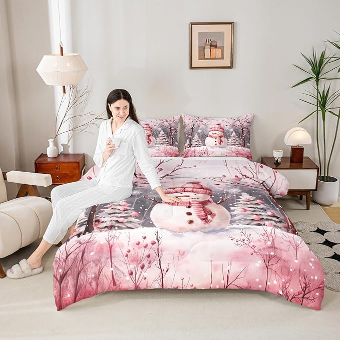 Feelyou Cute Snowman Comforter Set All Season Christmas Tree Bedding Set with 2 Pillow Cases Xmas Snowflake Microfiber Kids Full Bedclothes Pink Scarf Bedroom Decor Pink Winter Scene Duvet Quilt
