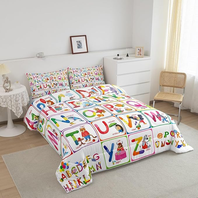 Feelyou ABC Alphabet Bedding Set Queen, Cartoon Zoo Animal Comforter Educational Learning Comforter Set for Kids Boys Girls Colorful Alphabet Duvet Set with 2 Pillow Case