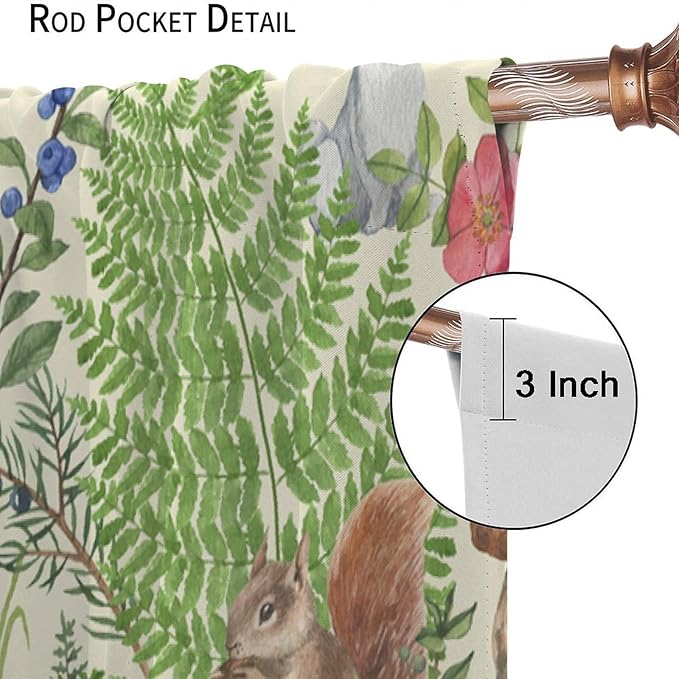 Forest Animal Curtains, Kids Rustic Wild Animal Window Treatments Watercolor Cute Woodland Fox Hedgehog Window Drapes for Nursery Toddler Bedroom 42x54in