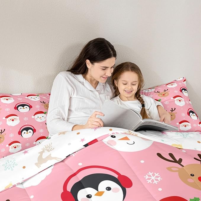 Feelyou Pink Christmas Comforter Set Queen Size Santa Claus Bedding Set for Kids Boys Girls Deer Penguin Duvet Quilt Snowman Bedroom Decor Microfiber 3 Pcs with 2 Pillow Cases