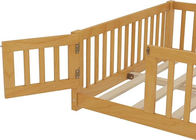 Harper & Bright Designs Full Floor Bed with Safety High Fence, Wood Montessori Bed with Door, Full Size Floor Beds with Solid Wood Support Slats for Boys, Girls, Kids, Natural