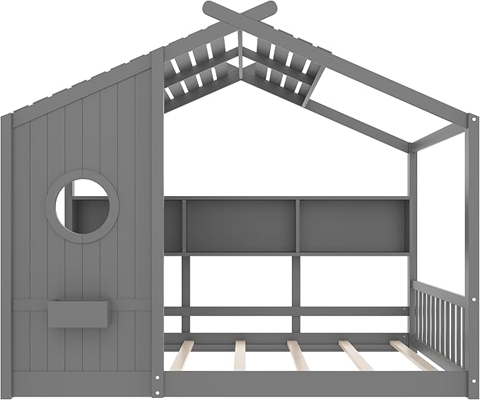 Full Size Floor House Bed with Roof and Window for Kids, Wooden Playhouse Bed with Storage Shelves for Bedroom Furniture Girls & Boys (Gray/L1, Full)
