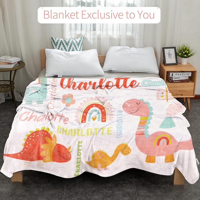 Personalized Dinosaur Blanket with Name for Girl, Custom Kids, Soft Flannel Pink Toddler Customized Gift Birthday Christmas Baby Shower Children Day, 40''x50'' child