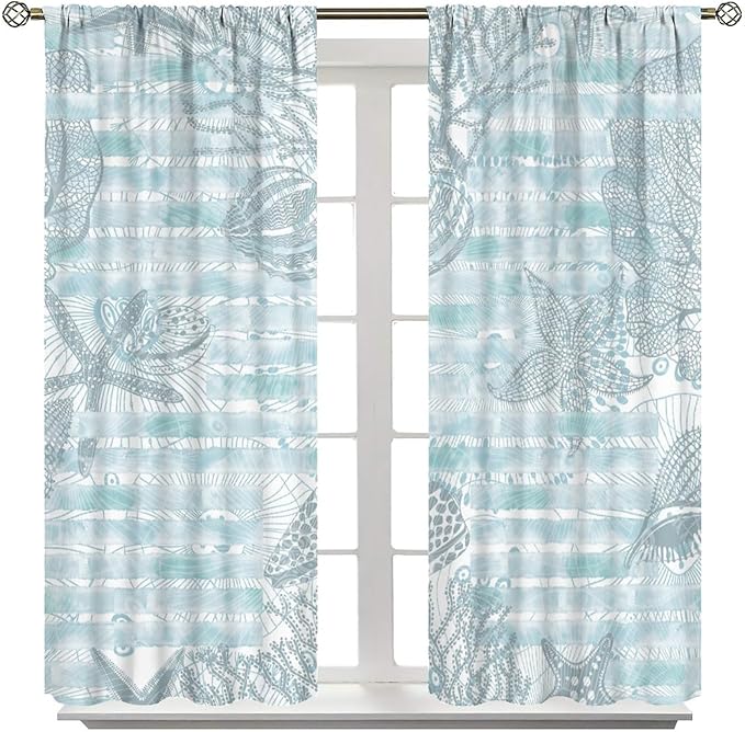Starfish Curtains，Starfish and Seashells Coastal Curtain Ocean Themed Underwater Marine Decor Waterproof Fabric Curtain Set 2 Panels,52x84 Inches
