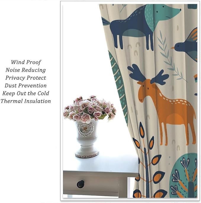 Kids Forest Animal Curtains, Rustic Cartoon Cute Wild Animal Window Treatments Woodland Safari Animal Fox Deer Bear Window Drapes for Girls Boys Nursery Toddler Bedroom 63x72in