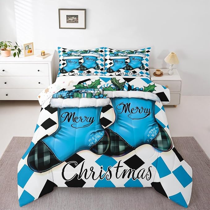 Feelyou Merry Christmas Kids Comforter Set King Size Cartoon Shoes Bedding Set Duvet Quilt for Kids Boys Girls Bedroom Winter Decor Microfiber Ultra Soft Breathable