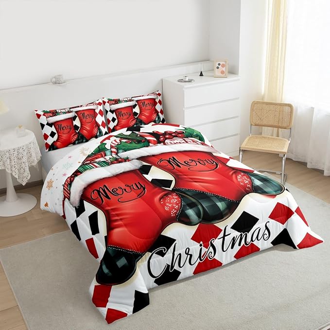 Feelyou Merry Christmas Comforter Set King Size Cartoon Shoes Bedding Set for Kids Boys Girls Duvet Quilt Winter Bedroom Decor Microfiber 3 Pcs with 2 Pillow Cases