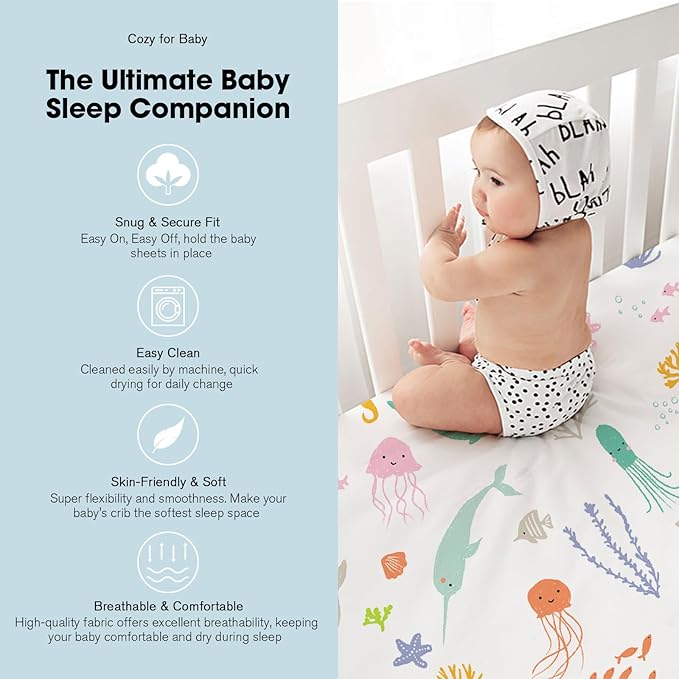 Little Grape Land Mini Crib Sheets for Boys Girls 4 Pack, Fitted Mini Crib Sheets 26x38x5 for Pack and Play/Playard Mattress, Ultra Soft Brushed Microfiber, All-Around Elastic, Ocean/Shell/Green/Blue