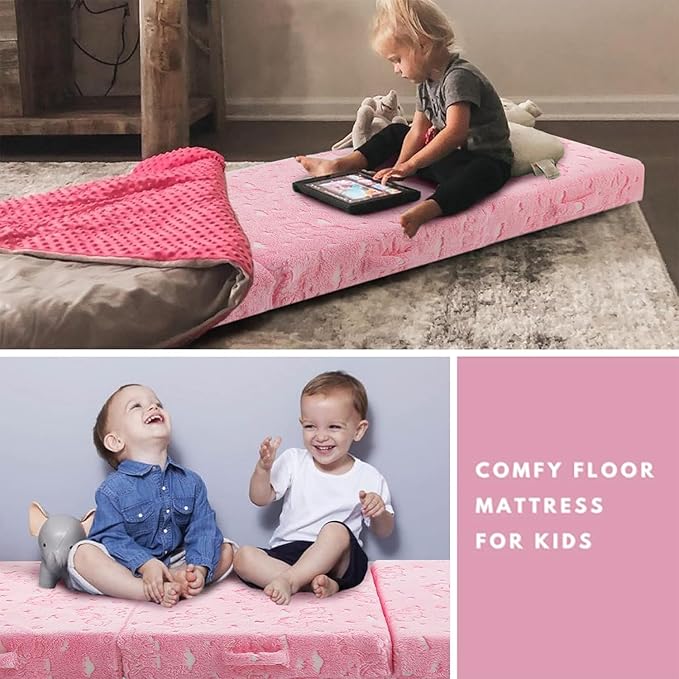 MeMoreCool Glow Pink Unicorn Foldable Floor Mattress for Kids, Trifold Nap Mat for Toddlers, Portable Daycare Sleeping Futon or Floor Bed, 57x22 Inch