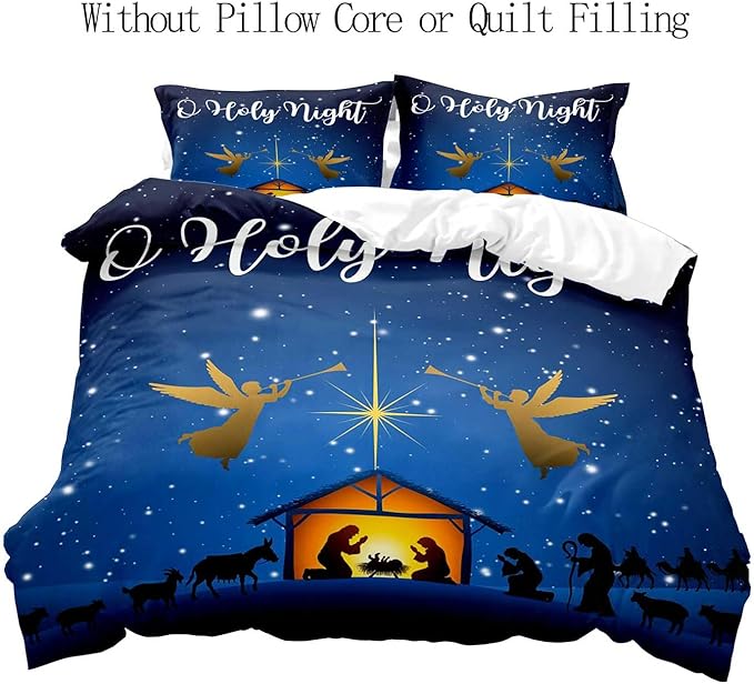 LUVIVIHOME 3PCS Christmas Duvet Cover King Bedding Set, Navy Blue Duvet Cover, Galaxy Oh Holy Night Nativity Scene Angel Winter Holiday Xmas Christmas Comforter Cover, Bed in a Bag, 2 Pillow Cases