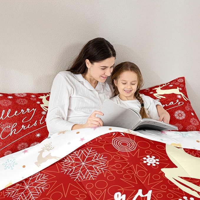 Merry Christmas Kids Comforter Set King Size,Deer Animal Silhouette Bedding,Girls Boys Adults Bedroom/Xmas Cabin Decor,Snowflake Dot Graffiti Down Comforter,Red Romantic Duvet Insert,2 Pillowcases