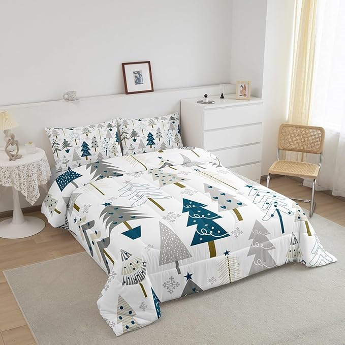 Xmas Trees Comforter Set Twin Size,Merry Christmas Pine Hand Drawn Bedding Set for Kids Boys Men,Blue Plant Snowflakes Winter Quilted Duvet Set with 1 Pillowcase