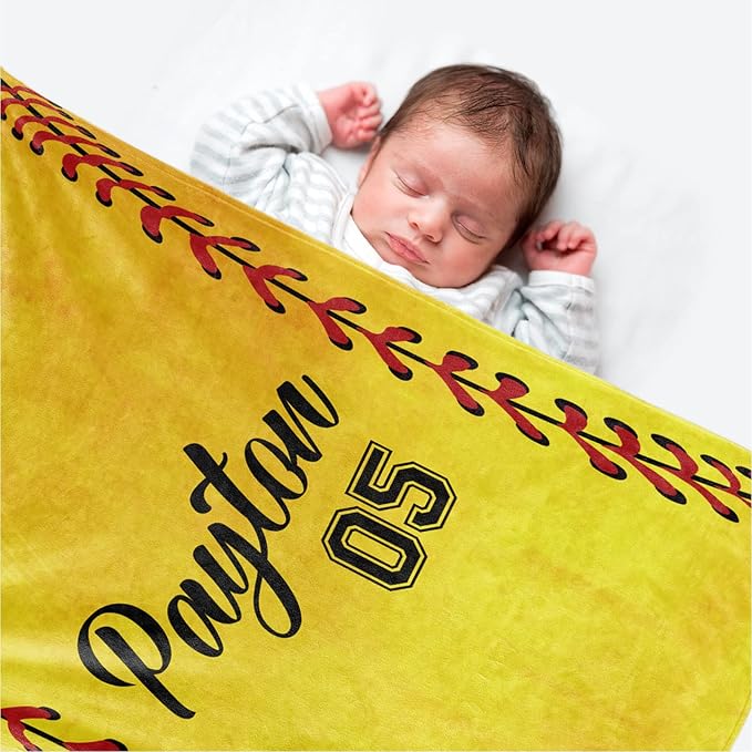 Personalized Softball Kids Blanket with Naumber and Name - Custom Sport Bed Blankets Gift for 0-3 Months Baby Essential - Super Warm and Comfortable 40x50inch