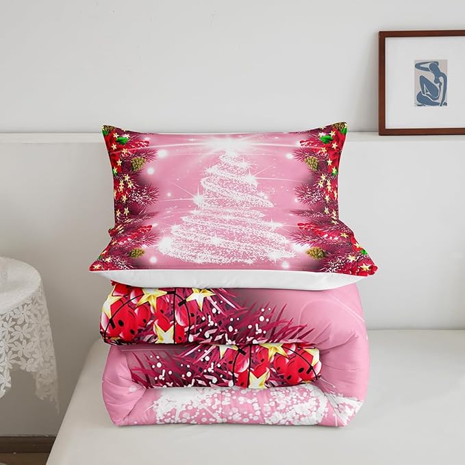 Feelyou Kids Merry Christmas Decorations Comforter Set, Kids Santa Tree Bedding Set King Size for Boys Girls Teens Xmas Christmas Bell Decor Comforter Glitter Pink Quilt Set