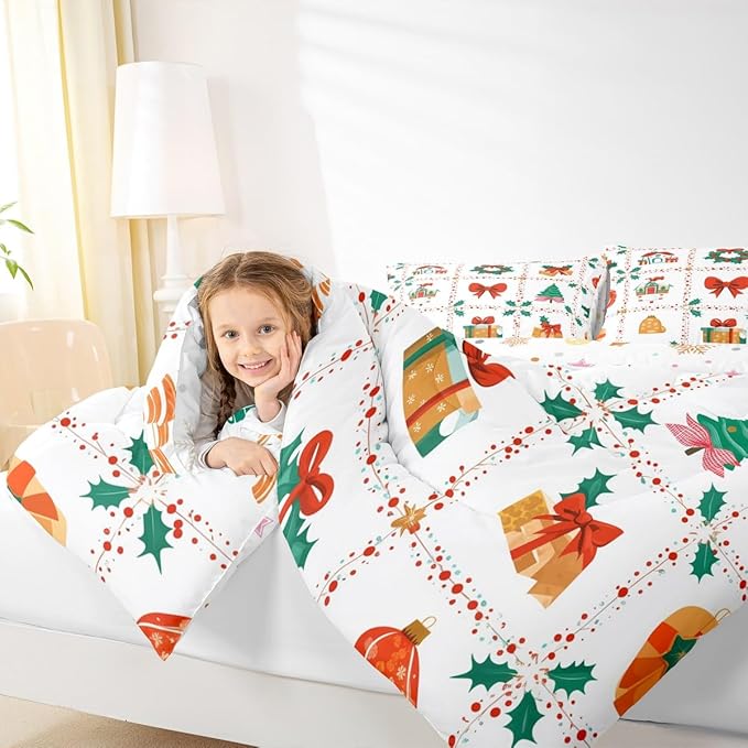 Feelyou Christmas Decor Kids Comforter Set Full Size Red Bowknot Bedding Set New Year Gift Duvet Quilt for Kids Boys Girls Bedroom Happy New Year Decor Microfiber Ultra Soft Breathable