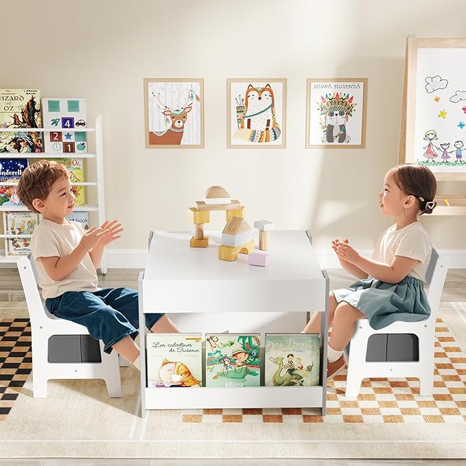 HONEY JOY Kids Table and Chairs, 4-in-1 Children Wooden Activity Set w/Double Bookshelves, Storage, Detachable Tabletop, for Art, Craft, Drawing, Reading, Gift for Toddlers 3-6 Years Old (Gray)