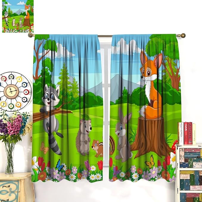 Safari Animal Curtains for Kids Cartoon Woodland Wildlife Jungle Animals Window Treatments for Boys Girls Bedroom Cute Fox Forest Nursery Children Drapes for Living Room W84xL84