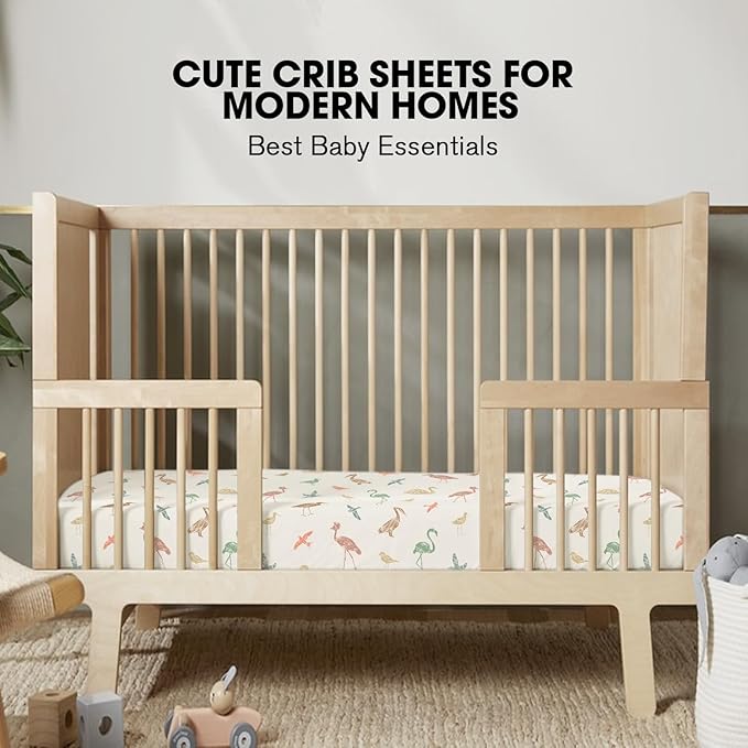 Little Grape Land Crib Sheets for Boys and Girls, 2pk Baby Crib Fitted Sheet for Standard Size Crib and Toddler Mattress, Super Soft Baby Sheet, Wetland Birds