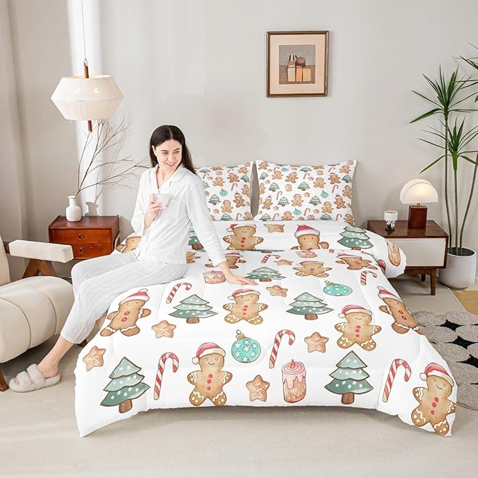 Feelyou Pink Gingerbread Comforter Set King Size Christmas Bedding Set for Kids Boys Girls Candy Cane Duvet Quilt Xmas Bedroom Decor Microfiber 3 Pcs with 2 Pillow Cases