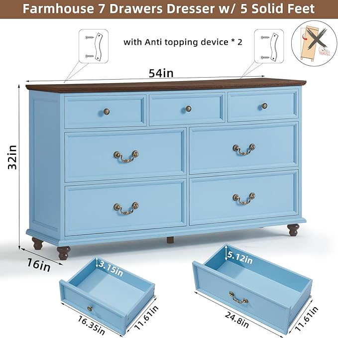 Farmhouse Dresser and Nightstand Sets, Wood 54" Wide Dresser & 24" Night Stand with Charging Station, 2 Piece Bedroom Furniture Set, Chest of Drawers for Bedroom, Home, Living Room, Hallway