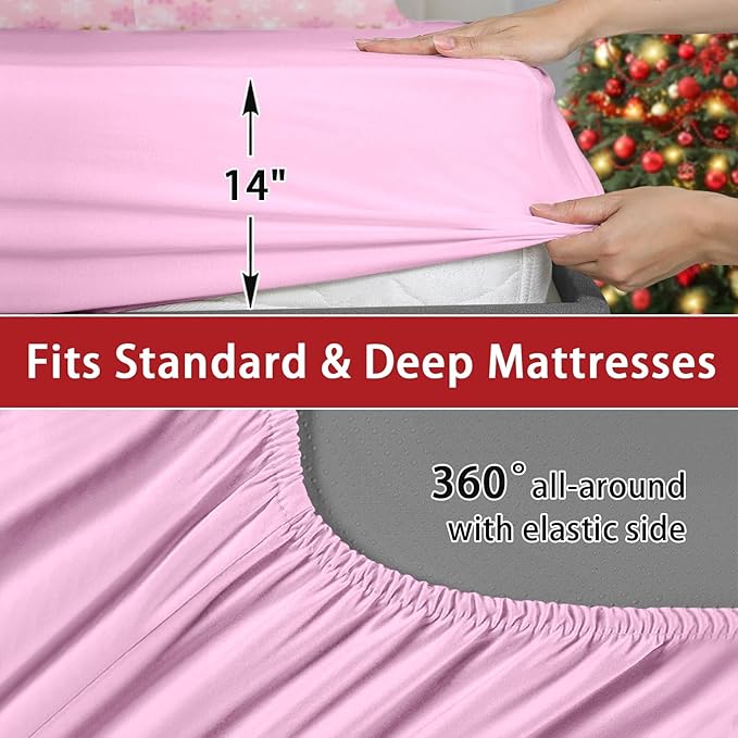 7 Pcs Full Size Christmas Comforter Set with 2 Pillowcases & 2 Shams, Pink Winter Snowflake Bedding for Kids and Adults, Funny Sparkle Farm Bed in a Bag with Flat Fitted Sheet