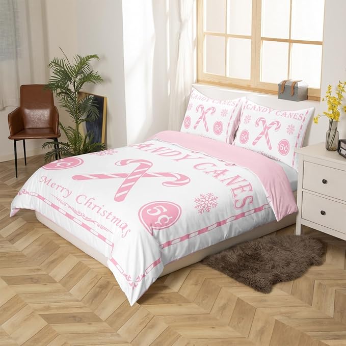 jejeloiu Christmas Bedding Set Full Size Kids Christmas Quote Comforter Cover Set for Boys Girls Teens Candy Canes Print Duvet Cover Xmas Bedspread Cover Room Decorations Pink Quilt Cover