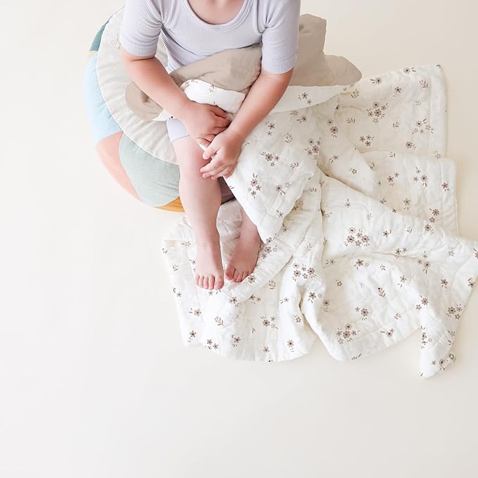 MakeMake Organics Organic Baby Comforter GOTS Certified Organic Kids Blanket Cotton Infill Tufted - Reversible Ultra Soft Breathable Boys Girls (30"x40", Bloom + Solid Pecan)